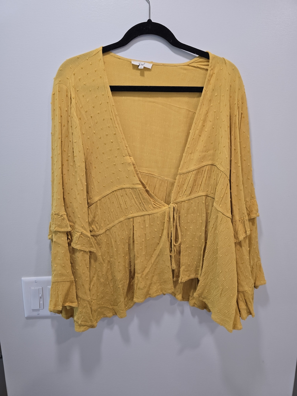 easel Mustard Dot Tie-Front Flutter Sleeve Blouse - Picture 2 of 3
